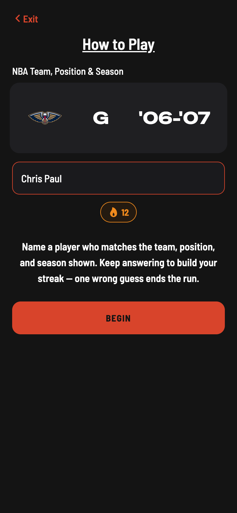 Who's That Player mode showing a team, position, and season clue with a 12 streak