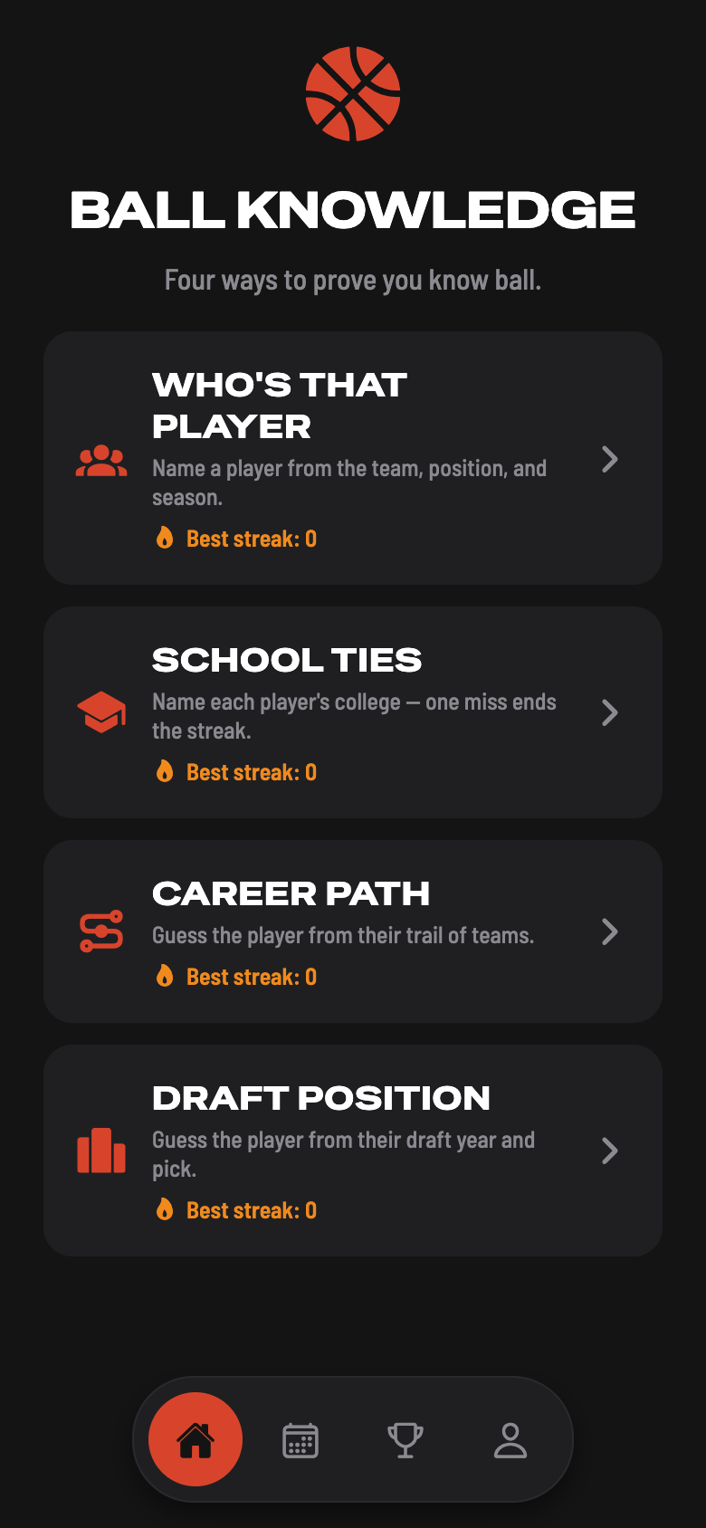 Ball Knowledge home screen showing the four game modes